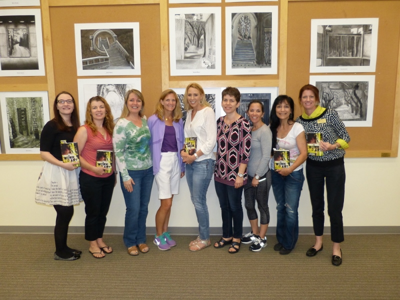 The ladies of "Books and Chocolate," a YA Parent Book Club at North Broward Preparatory School in Coconut Creek, FL. From left:  Kathleen Leonard, Kim Jackson, Laura Horn, Anne Carroll, me, Alona Martinez, Melissa McGhie, Renee Haubner, and Cindy Von Oehsen. Not pictured: Lynn Sloan and Christy Kian. 